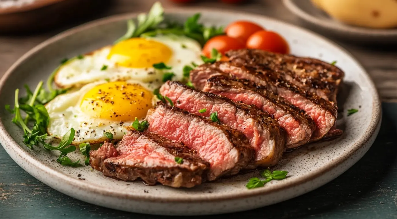 A perfectly cooked steak paired with sunny-side-up eggs on a rustic breakfast table.