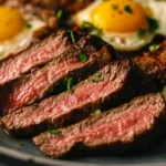 A plate of steak and eggs, representing a high-protein meal for muscle growth and weight loss.