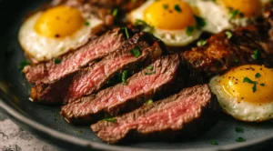 A plate of steak and eggs, representing a high-protein meal for muscle growth and weight loss.