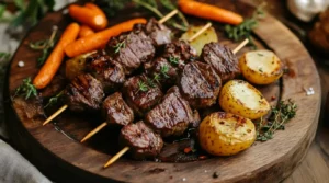 Grilled beef heart skewers served with vegetables