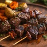 Grilled beef heart on skewers with vegetables