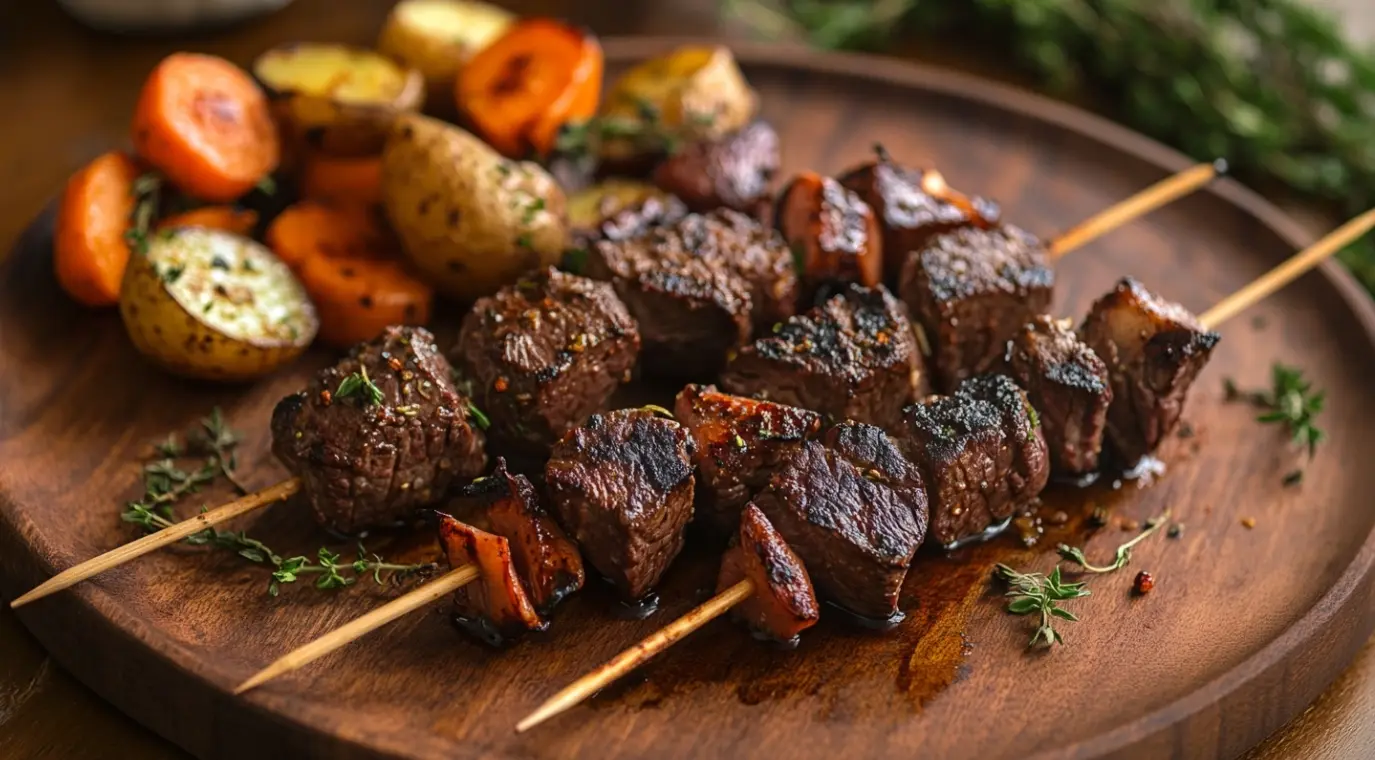 Grilled beef heart on skewers with vegetables