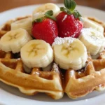 Golden brown waffles topped with syrup and fresh berries