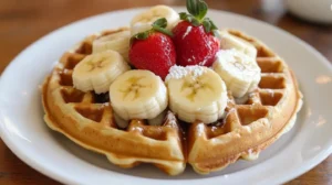 Golden brown waffles topped with syrup and fresh berries