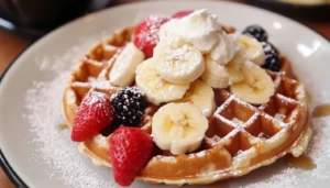 Golden brown waffles topped with syrup and fresh berries