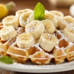 Golden crispy waffles topped with syrup and butter