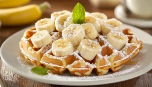 Golden crispy waffles topped with syrup and butter