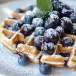 A plate of golden, fluffy blueberry waffles topped with fresh blueberries and syrup.