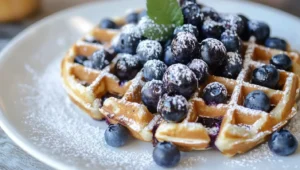 A plate of golden, fluffy blueberry waffles topped with fresh blueberries and syrup.