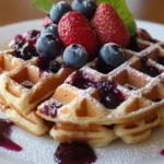 Golden brown crispy waffle served with syrup on a white plate.