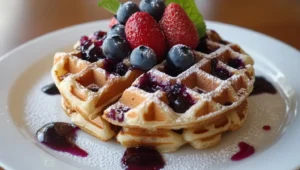 Golden brown crispy waffle served with syrup on a white plate.