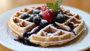 A stack of waffles with fresh berries and syrup on a plate.