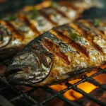 Grilled fish with colorful vegetable sides and grains