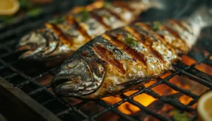 Grilled fish with colorful vegetable sides and grains