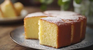 A classic butter cake with a golden-brown top and a slice showing its soft, tender crumb