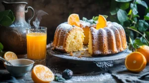 A healthy cake made with whole grain flour and topped with fresh fruit and nuts.