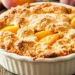 A perfectly baked peach cobbler with a golden-brown, crisp biscuit topping in a shallow baking dish.