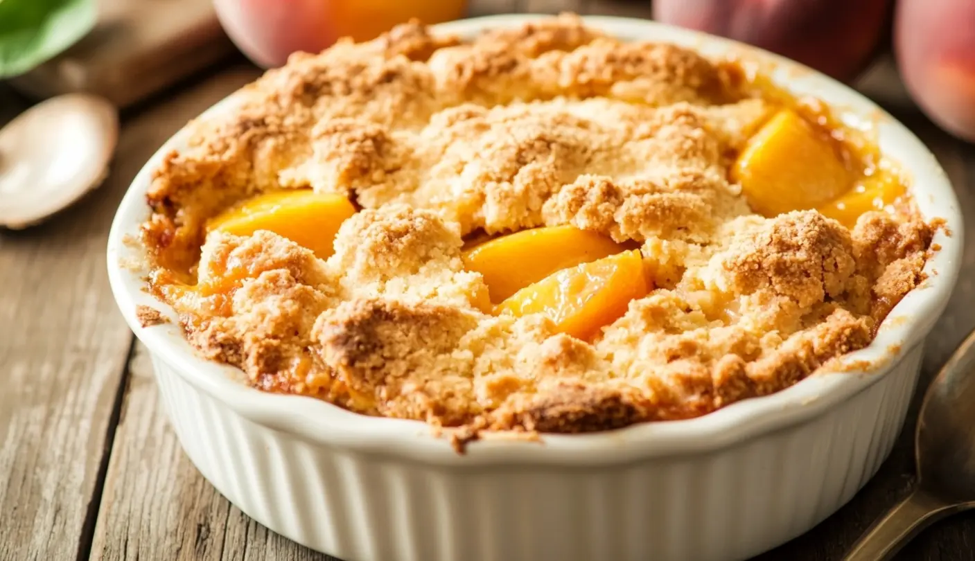 A perfectly baked peach cobbler with a golden-brown, crisp biscuit topping in a shallow baking dish.