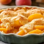 A serving of thick, perfectly set peach cobbler in a white dish.