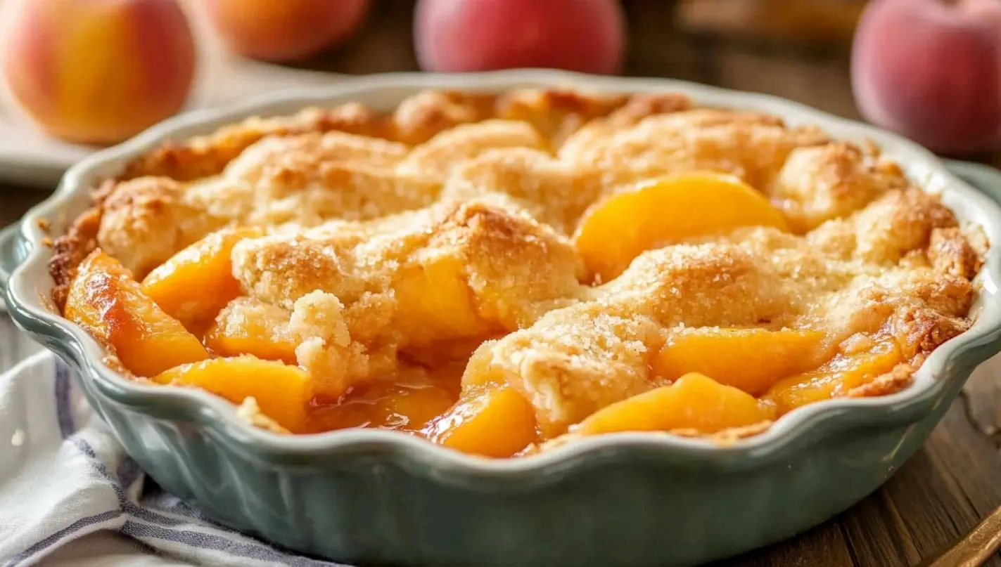 A serving of thick, perfectly set peach cobbler in a white dish.