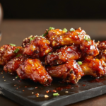 A plate of crispy, spicy chicken wings with a side of dipping sauce, garnished with celery and carrots.