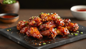 A plate of crispy, spicy chicken wings with a side of dipping sauce, garnished with celery and carrots.