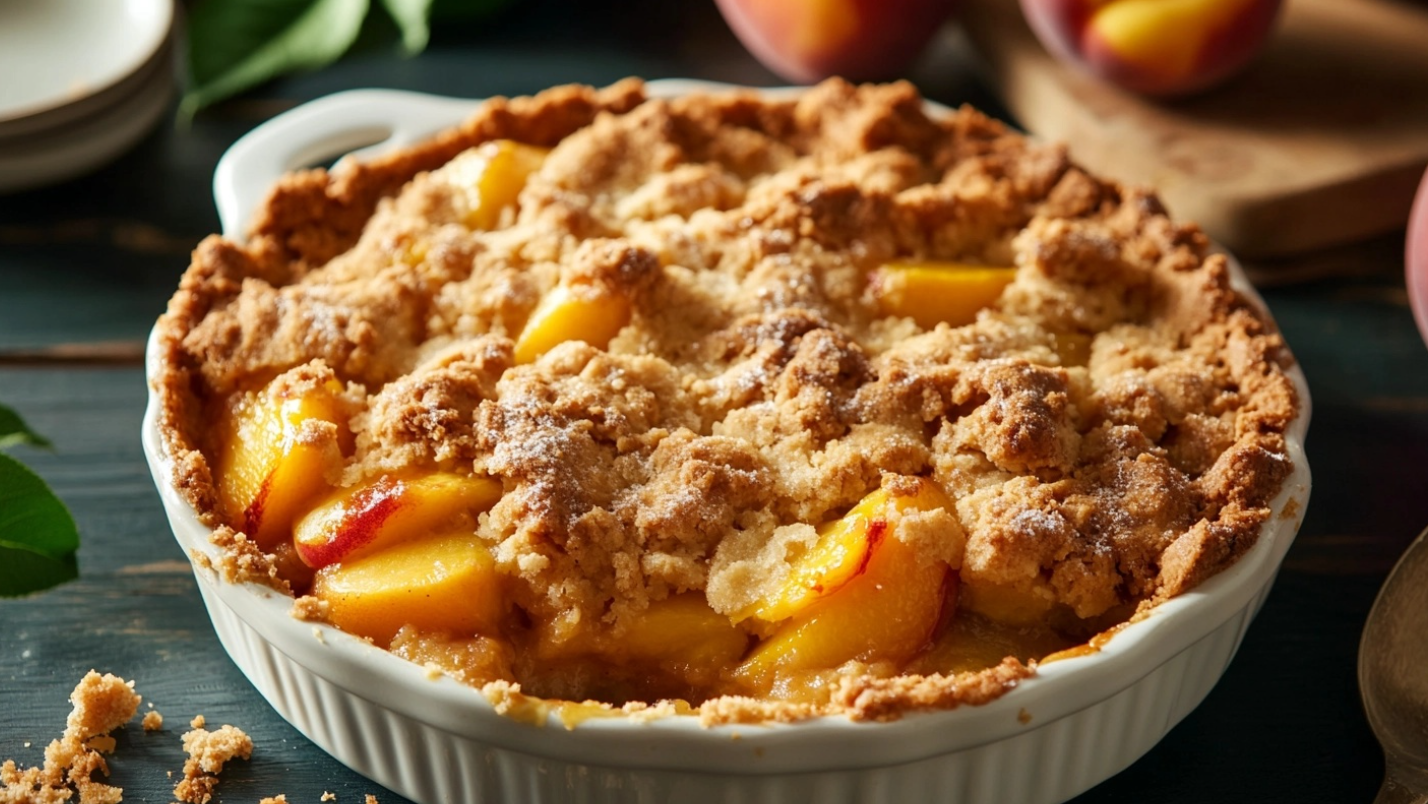 A sliced fruit pie with a golden, flaky crust next to a rustic peach cobbler with a biscuit topping.