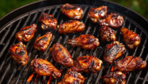 Golden brown flour-coated chicken wings served with dipping sauces.