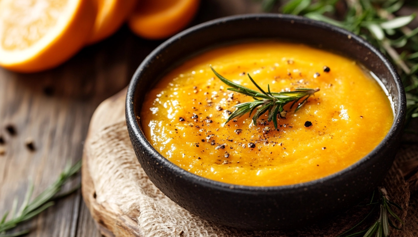 A bowl of fresh homemade orange sauce with oranges and ingredients on the side.