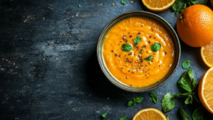 A bowl of freshly made orange sauce surrounded by oranges, soy sauce, garlic, and ginger, showcasing the main ingredients.