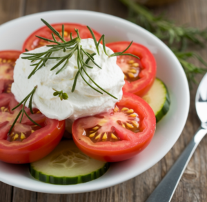 Tomato and cucumber salad with whipped