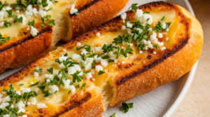 Crispy air fryer garlic bread slices with melted cheese