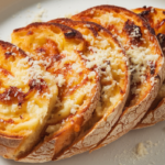 Golden brown toast in air fryer basket.