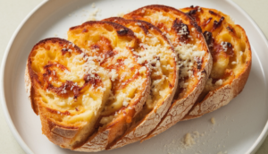 Golden brown toast in air fryer basket.