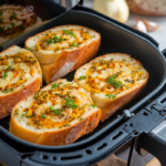 Golden garlic bread slices on a baking sheet.