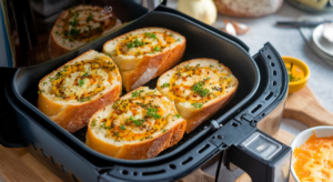 Golden garlic bread slices on a baking sheet.