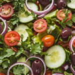 A fresh salad with spinach, avocado, quinoa, and cherry tomatoes.