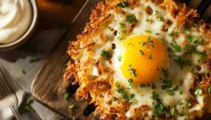 Crispy golden restaurant-style hash browns served on a plate with a side of bacon and eggs.