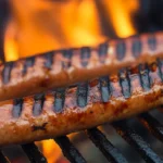 Grilled beef hot dogs served with condiments and healthy side dishes