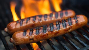 Grilled beef hot dogs served with condiments and healthy side dishes