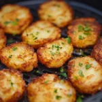 Crispy golden hash browns cooked in an air fryer, served on a plate with a side of eggs and bacon.