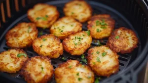 Crispy golden hash browns cooked in an air fryer, served on a plate with a side of eggs and bacon.