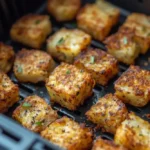 Crispy air fryer hash browns cooking in an air fryer basket, golden brown and ready to serve.