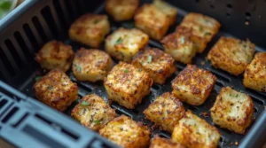 Crispy air fryer hash browns cooking in an air fryer basket, golden brown and ready to serve.