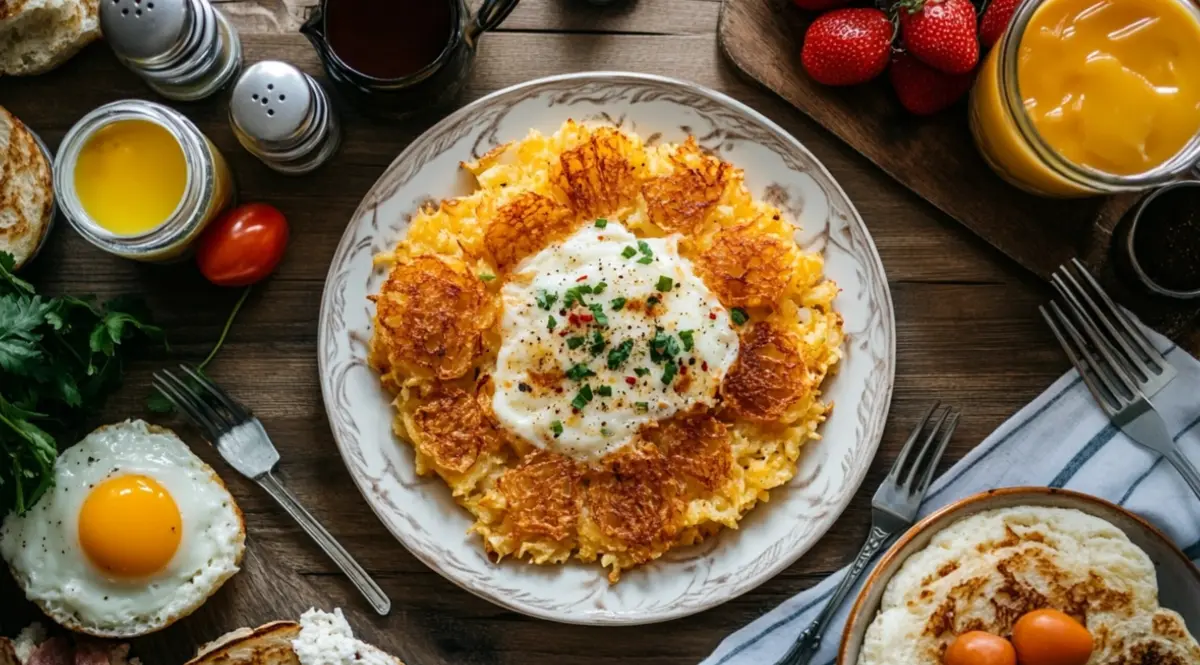 Golden, crispy hash browns frying in a pan, showcasing a perfectly crunchy texture.