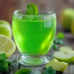 A glass of freshly squeezed green apple juice placed on a wooden table with green apples and mint leaves.