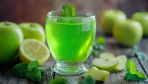 A glass of freshly squeezed green apple juice placed on a wooden table with green apples and mint leaves.