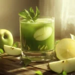 A glass of fresh green apple juice with green apples and mint leaves around it.