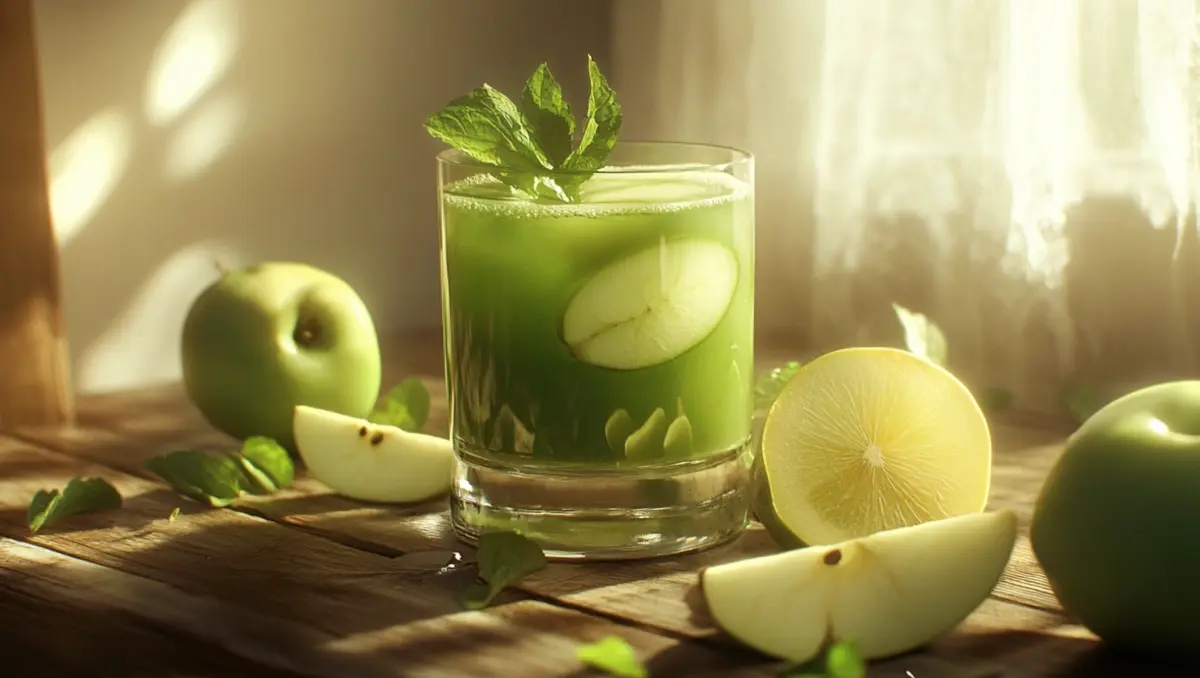 A glass of fresh green apple juice with green apples and mint leaves around it.