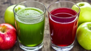 Glasses of green apple juice and red apple juice side by side, with apples next to each glass.